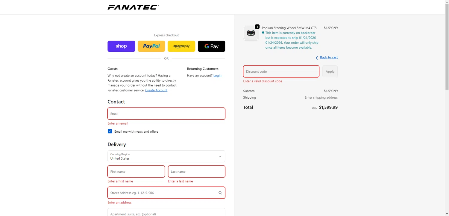 Fanatec checkout page showing Fanatec discount code box | Screenshot taken by SimplyCodes community member on Jan 14, 2026