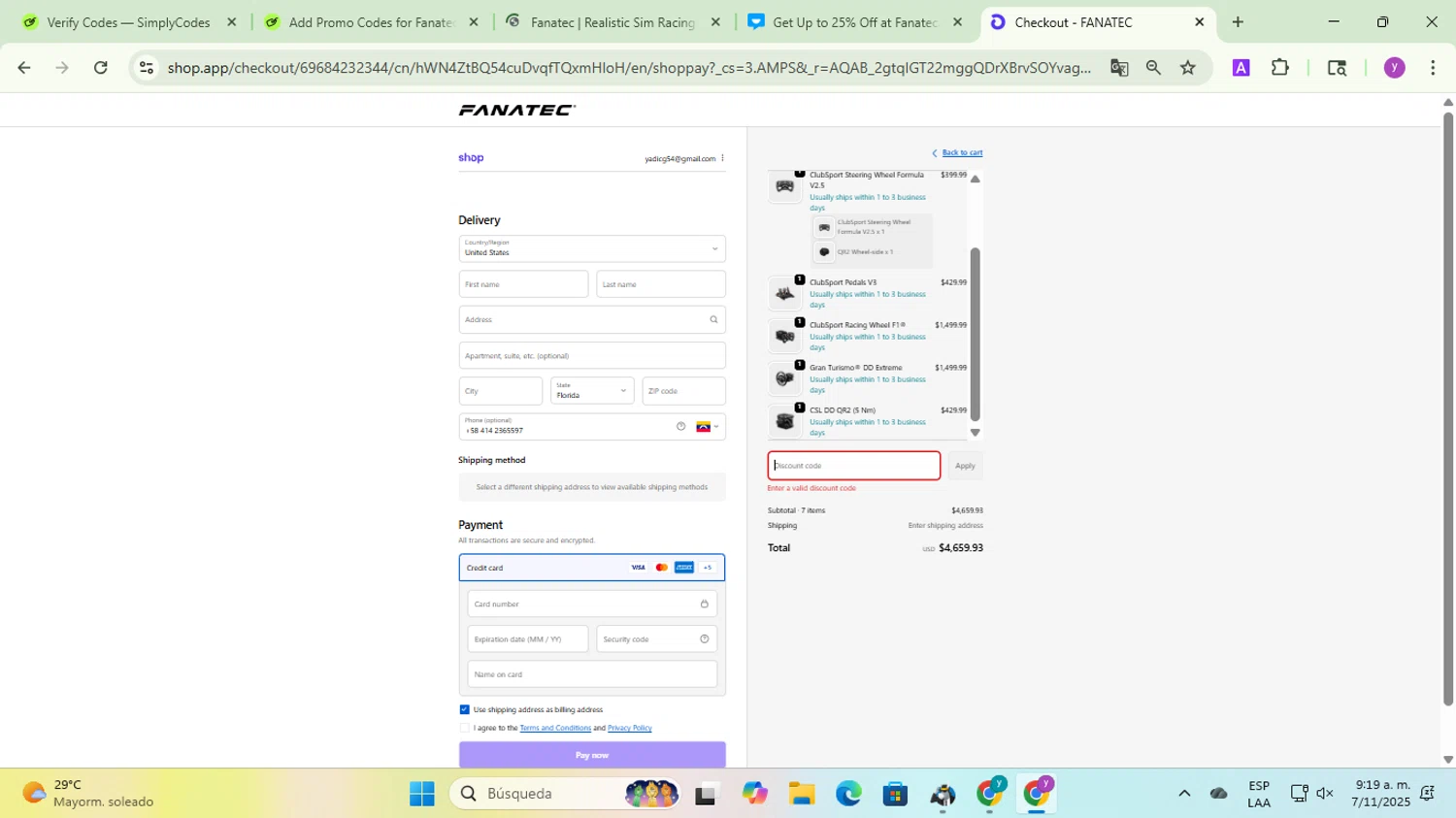 Fanatec discount code screenshot showing code COUPON5 applied at Fanatec checkout page. Uploaded by SimplyCodes community member yadicg054 on Nov 7, 2025