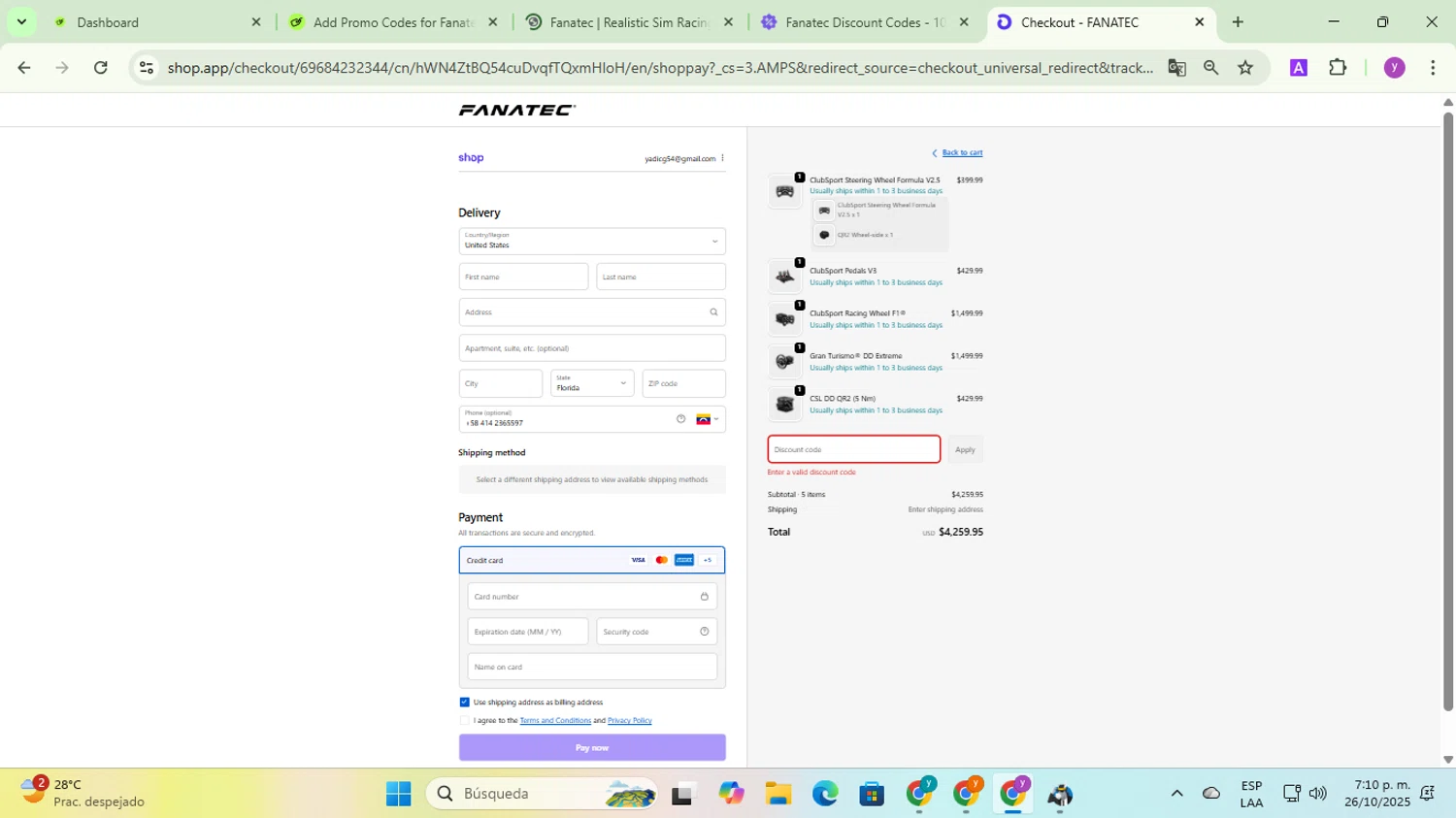Fanatec discount code screenshot showing code GTPLANET10 applied at Fanatec checkout page. Uploaded by SimplyCodes community member yadicg054 on Oct 26, 2025