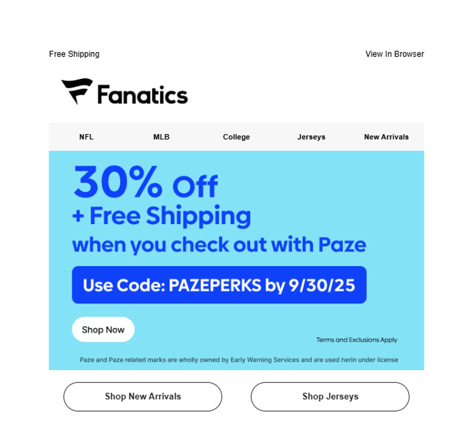 Fanatics promo code screenshot showing code PAZEPERKS applied at Fanatics checkout page. Uploaded by SimplyCodes community member ______ on Aug 19, 2025