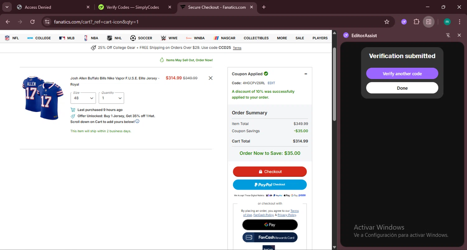 Fanatics promo code screenshot showing code 4HGCPVZ6RL applied at Fanatics checkout page. Uploaded by SimplyCodes community member CrownSpotter4262 on Aug 19, 2025