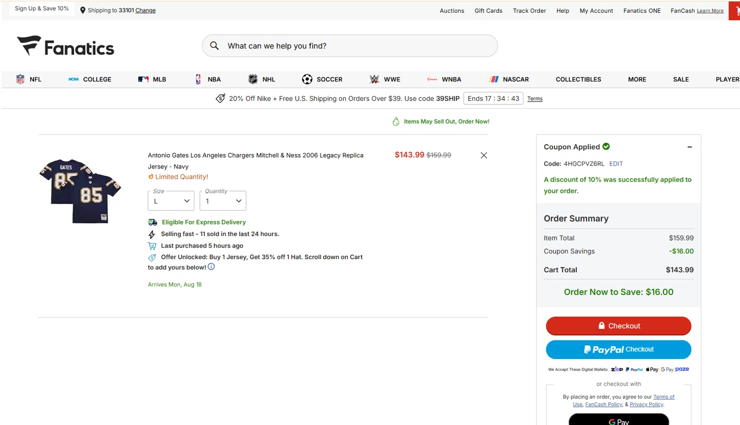 Fanatics promo code screenshot showing code 4HGCPVZ6RL applied at Fanatics checkout page. Uploaded by SimplyCodes community member PrimeBoss695 on Aug 9, 2025