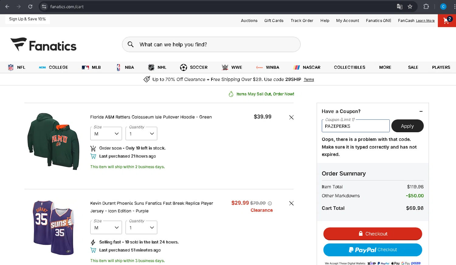 Fanatics promo code screenshot showing code PAZEPERKS applied at Fanatics checkout page. Uploaded by SimplyCodes community member PromoBoss9319 on Jul 9, 2025