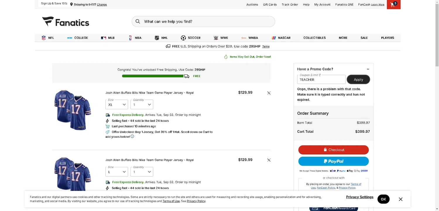 Fanatics promo code screenshot showing code TEACHER applied at Fanatics checkout page. Uploaded by SimplyCodes community member DealHunter6996 on Aug 28, 2025