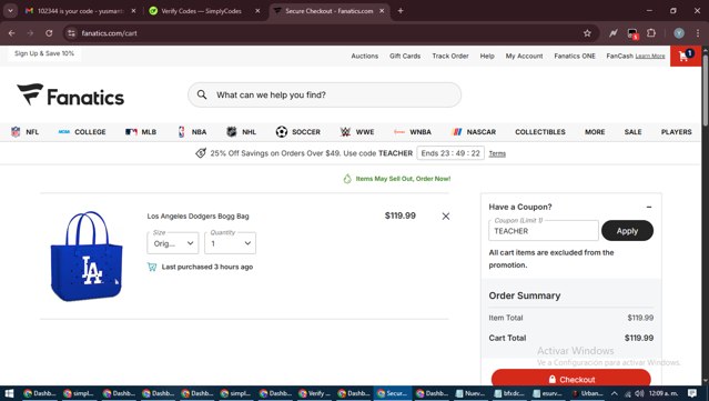 Fanatics checkout page showing Fanatics promo code box | Screenshot taken by SimplyCodes community member on Aug 25, 2025
