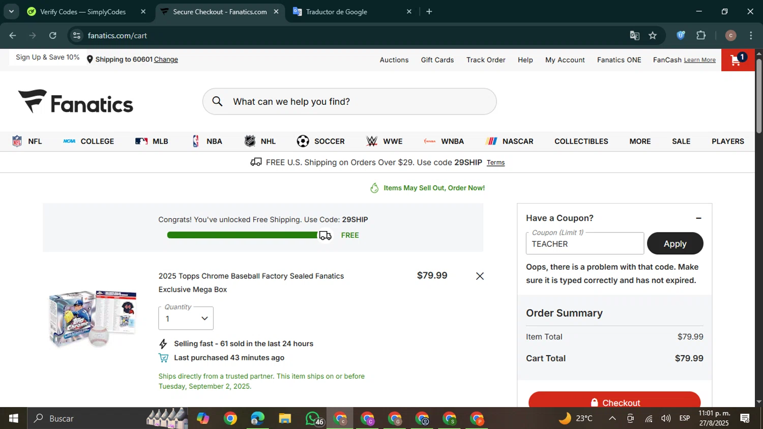 Fanatics promo code screenshot showing code TEACHER applied at Fanatics checkout page. Uploaded by SimplyCodes community member NobleExpert6497 on Aug 28, 2025