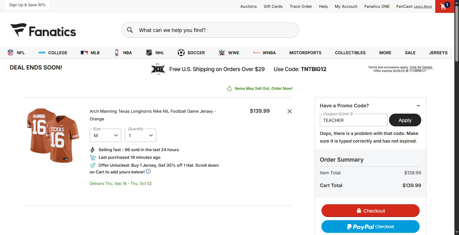 Fanatics promo code screenshot showing code TEACHER applied at Fanatics checkout page. Uploaded by SimplyCodes community member PennyOwl696 on Aug 28, 2025
