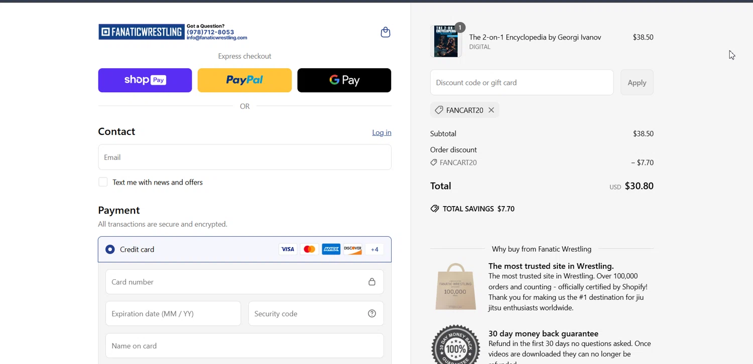 Fanatic Wrestling discount code screenshot showing code FANCART20 applied at Fanatic Wrestling checkout page. Uploaded by SimplyCodes community member ArthurMorgan on Jun 22, 2025