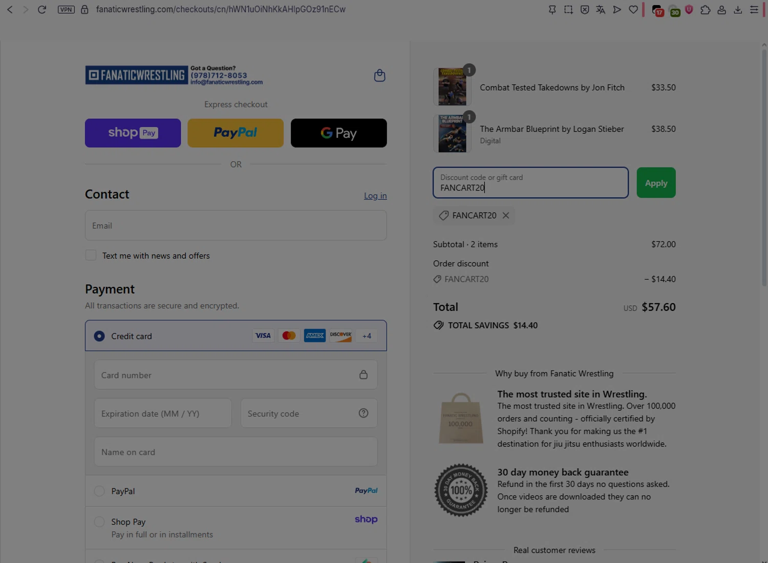 Fanatic Wrestling discount code screenshot showing code FANCART20 applied at Fanatic Wrestling checkout page. Uploaded by SimplyCodes community member REYREY on Aug 17, 2025