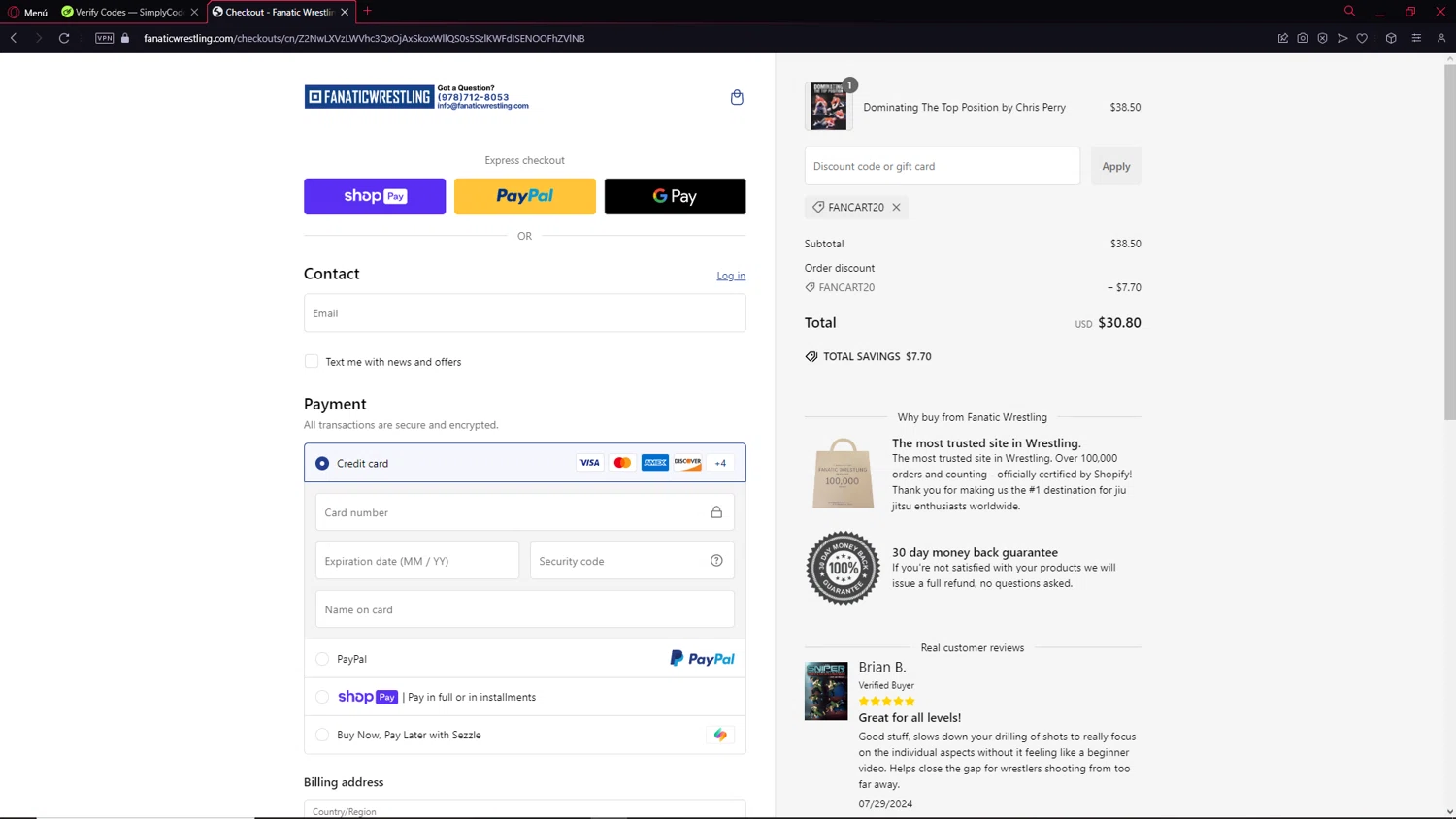 Fanatic Wrestling discount code screenshot showing code FANCART20 applied at Fanatic Wrestling checkout page. Uploaded by SimplyCodes community member NobleCollector3799 on Jan 20, 2025