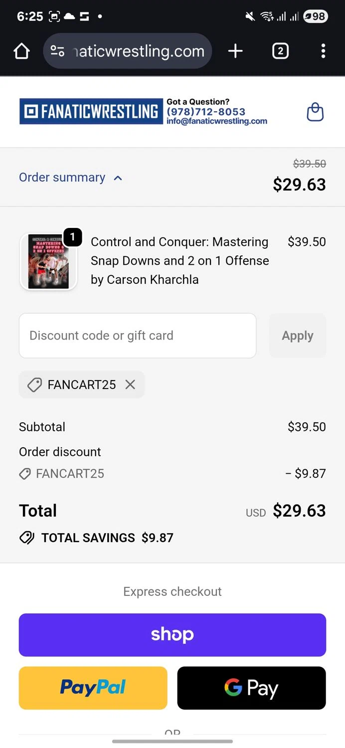 Fanatic Wrestling discount code screenshot showing code FANCART25 applied at Fanatic Wrestling checkout page. Uploaded by SimplyCodes community member Caraxes on Nov 15, 2025