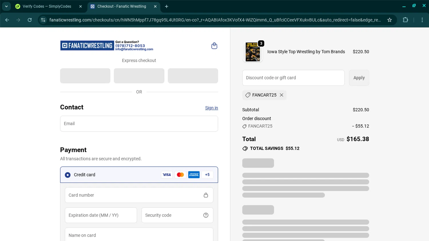 Fanatic Wrestling discount code screenshot showing code FANCART25 applied at Fanatic Wrestling checkout page. Uploaded by SimplyCodes community member SwiftSage2309 on Nov 25, 2025