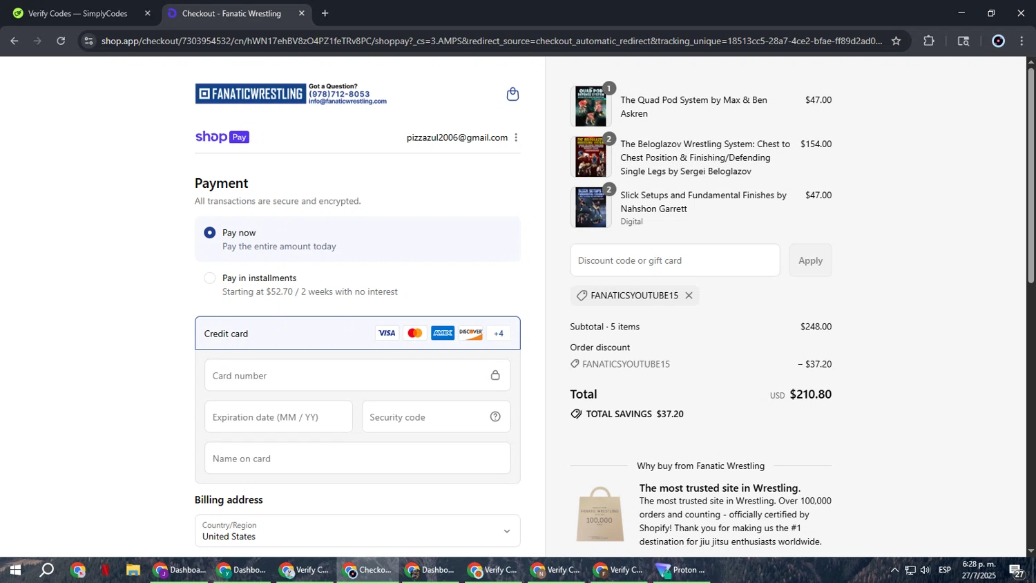 Fanatic Wrestling discount code screenshot showing code FANATICSYOUTUBE15 applied at Fanatic Wrestling checkout page. Uploaded by SimplyCodes community member RoyalBoss4384 on Jul 27, 2025