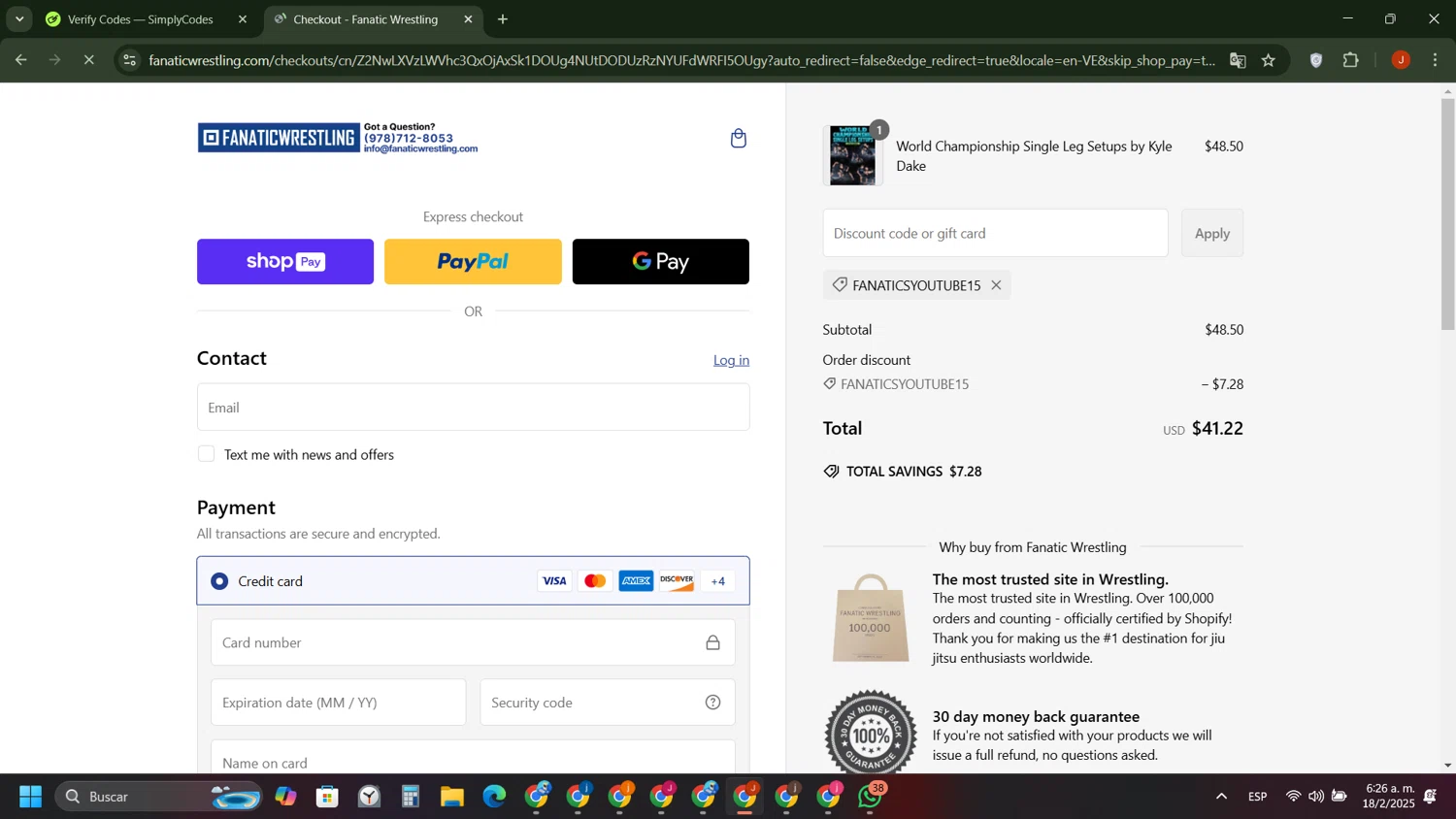 Fanatic Wrestling discount code screenshot showing code FANATICSYOUTUBE15 applied at Fanatic Wrestling checkout page. Uploaded by SimplyCodes community member ShieldAce8260 on Feb 18, 2025