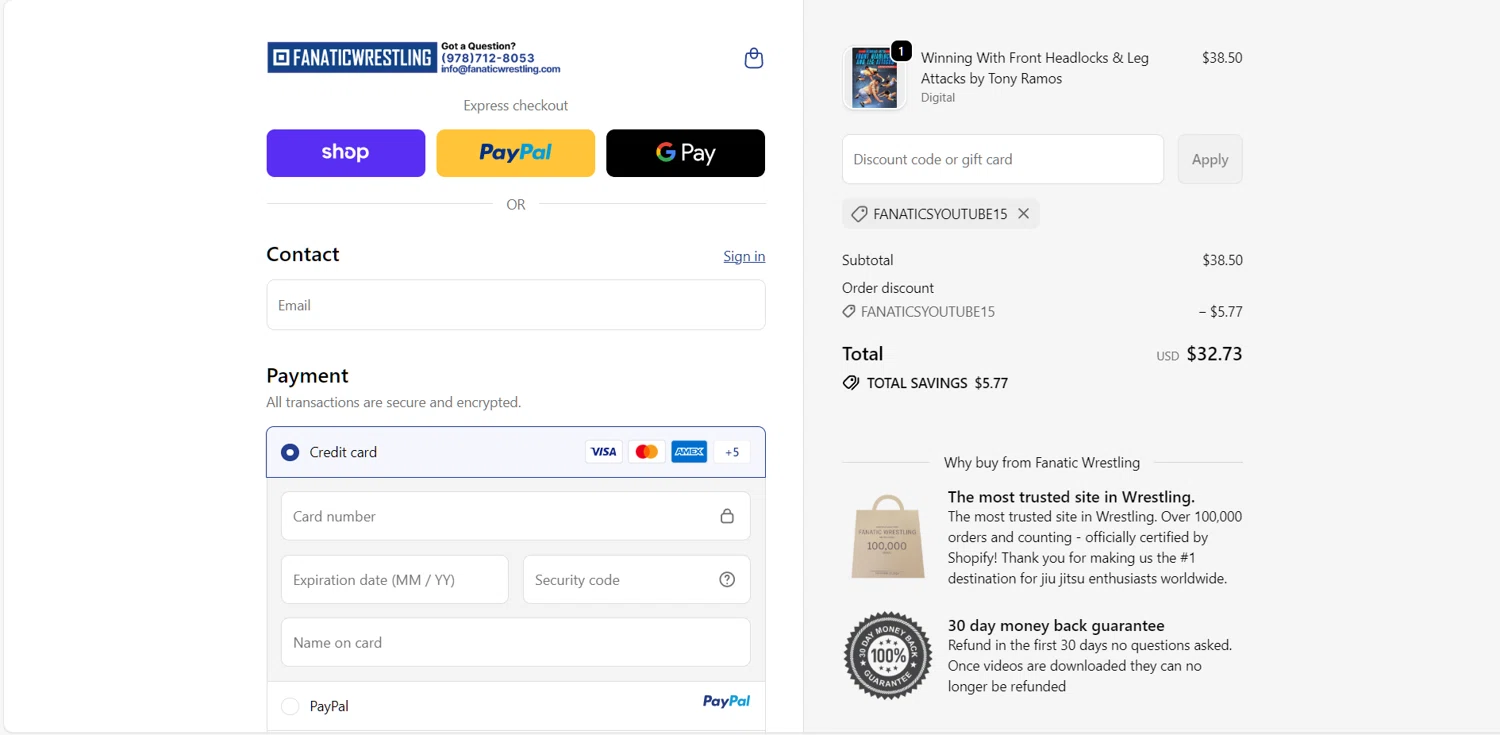 Fanatic Wrestling discount code screenshot showing code FANATICSYOUTUBE15 applied at Fanatic Wrestling checkout page. Uploaded by SimplyCodes community member holasfosi on Oct 19, 2025