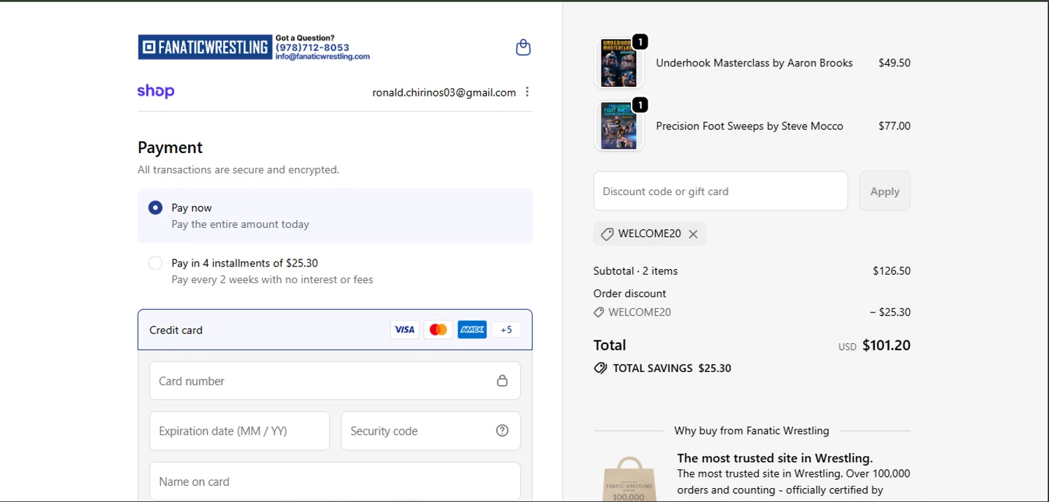 Fanatic Wrestling checkout page showing Fanatic Wrestling discount code box | Screenshot taken by SimplyCodes community member on Feb 14, 2026