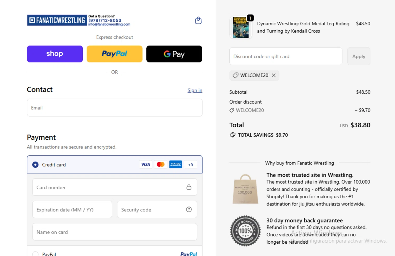 Fanatic Wrestling discount code screenshot showing code WELCOME20 applied at Fanatic Wrestling checkout page. Uploaded by SimplyCodes community member Lestara_23 on Nov 15, 2025