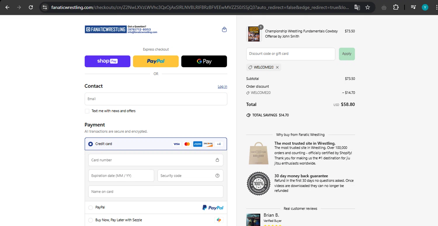 Fanatic Wrestling discount code screenshot showing code WELCOME20 applied at Fanatic Wrestling checkout page. Uploaded by SimplyCodes community member ValueTiger695 on May 6, 2025