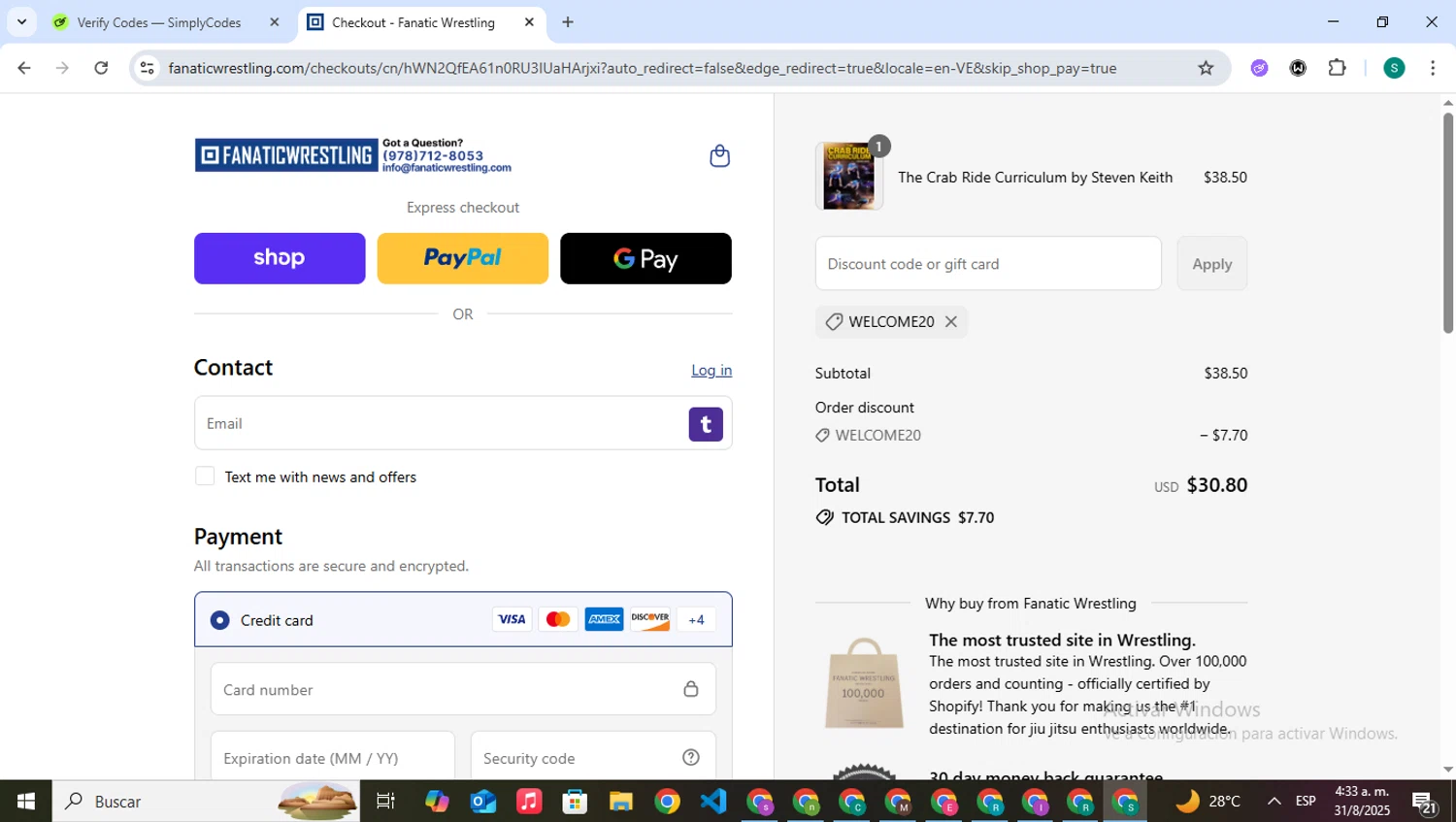 Fanatic Wrestling discount code screenshot showing code WELCOME20 applied at Fanatic Wrestling checkout page. Uploaded by SimplyCodes community member VictoriousPilot5281 on Aug 31, 2025
