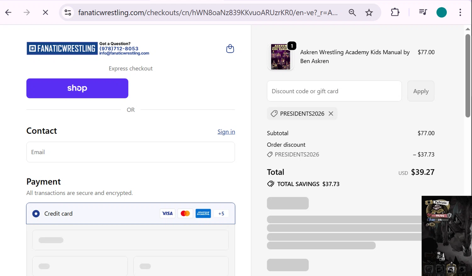 Fanatic Wrestling discount code screenshot showing code PRESIDENTS2026 applied at Fanatic Wrestling checkout page. Uploaded by SimplyCodes community member anosesmith on Feb 15, 2026