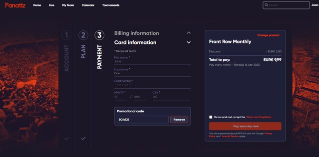 Fanatiz checkout page showing Fanatiz promo code box | Screenshot taken by SimplyCodes community member on Mar 17, 2025