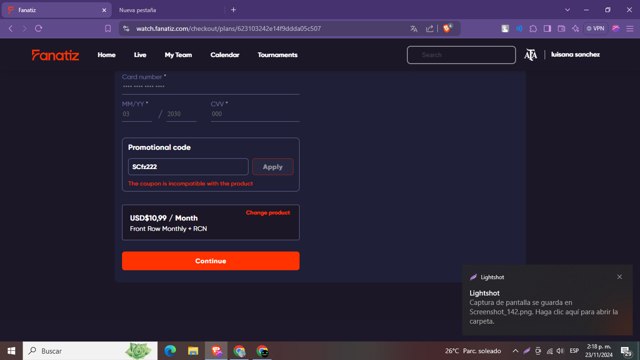 Fanatiz checkout page showing Fanatiz promo code box | Screenshot taken by SimplyCodes community member on Nov 23, 2024