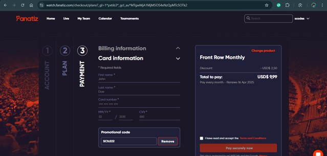 Fanatiz checkout page showing Fanatiz promo code box | Screenshot taken by SimplyCodes community member on Mar 17, 2025