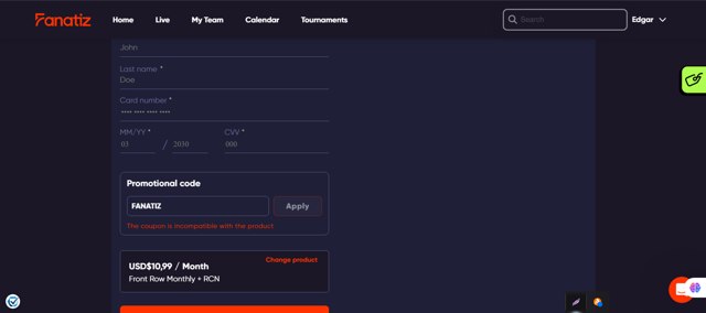 Fanatiz checkout page showing Fanatiz promo code box | Screenshot taken by SimplyCodes community member on Mar 20, 2025
