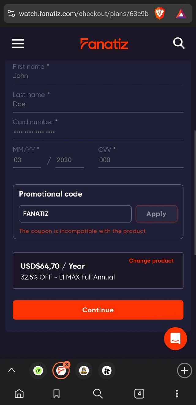 Fanatiz checkout page showing Fanatiz promo code box | Screenshot taken by SimplyCodes community member on Jan 18, 2025