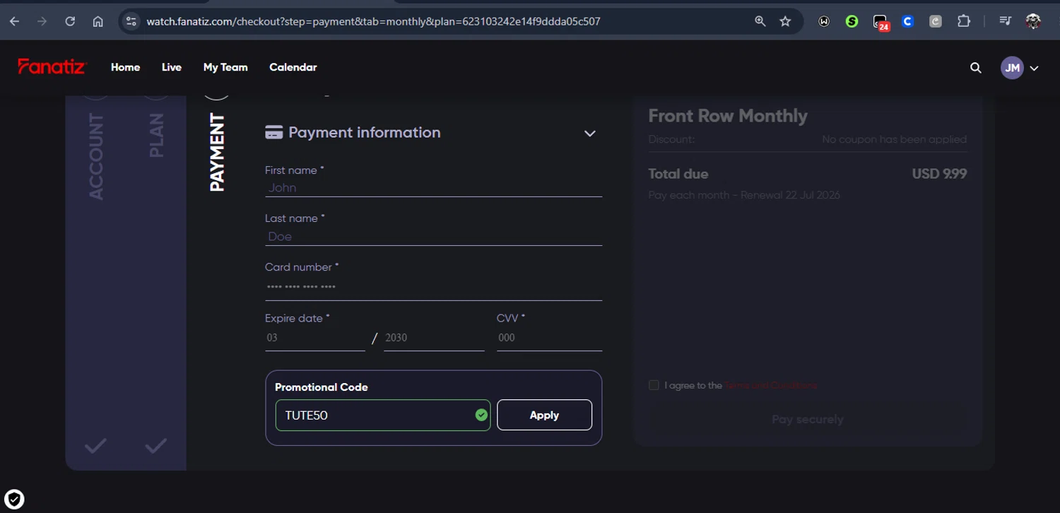 Fanatiz promo code screenshot showing code TUTE50 applied at Fanatiz checkout page. Uploaded by SimplyCodes community member Jmhernand1 on Jun 22, 2026