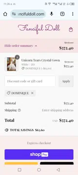 DOMINIQUE coupon verification screenshot