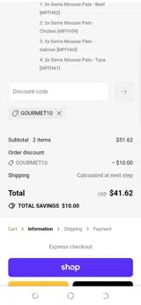 GOURMET10 coupon verification screenshot