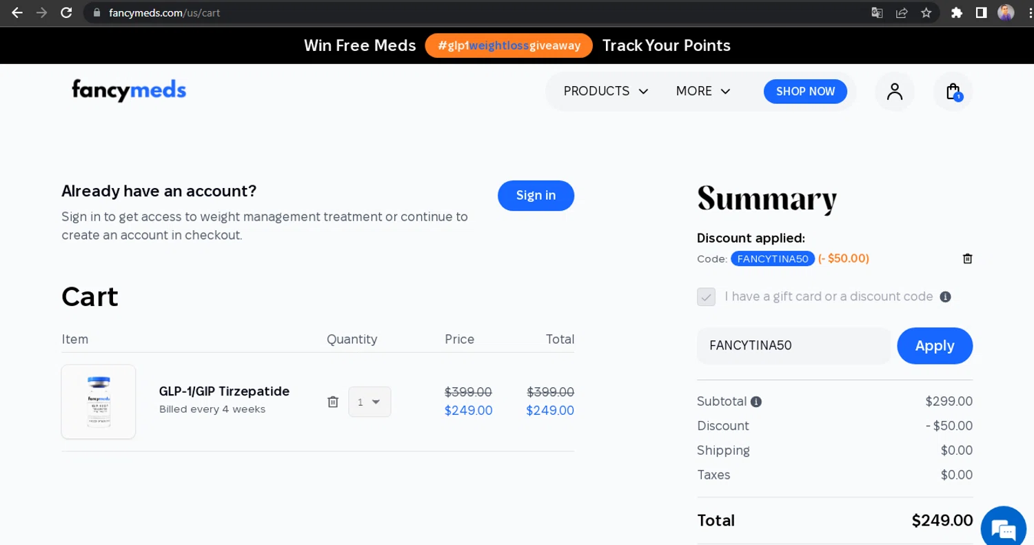 FancyMeds promo code screenshot showing code FANCYTINA50 applied at FancyMeds checkout page. Uploaded by SimplyCodes community member HUNTER1406 on Nov 16, 2025