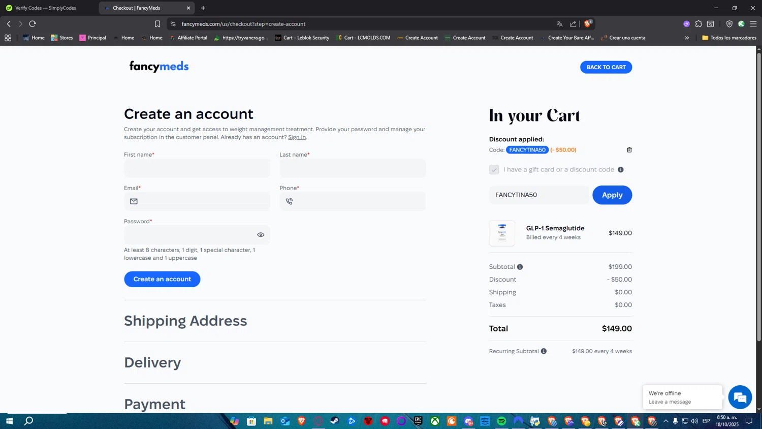 FancyMeds promo code screenshot showing code FANCYTINA50 applied at FancyMeds checkout page. Uploaded by SimplyCodes community member Nulo0000 on Oct 18, 2025