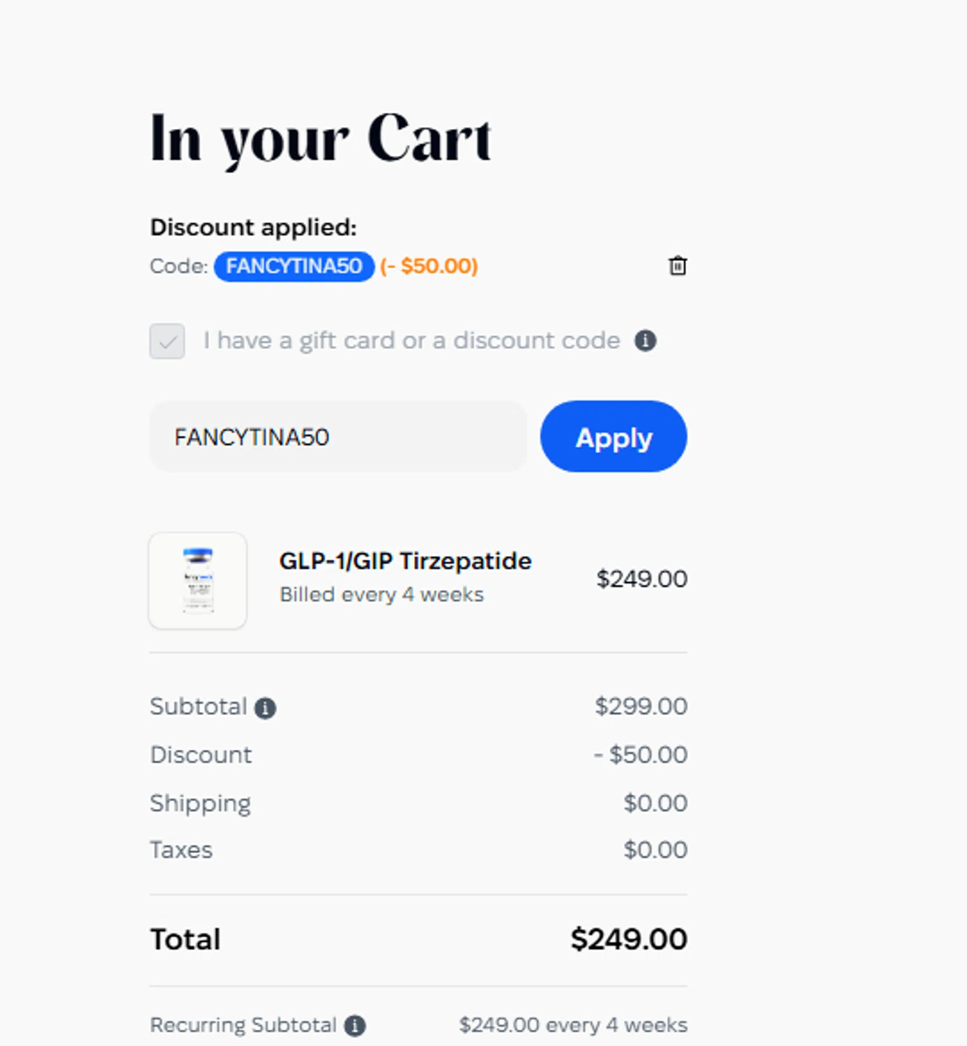 FancyMeds promo code screenshot showing code FANCYTINA50 applied at FancyMeds checkout page. Uploaded by SimplyCodes community member mangoBajito1543 on Sep 19, 2025