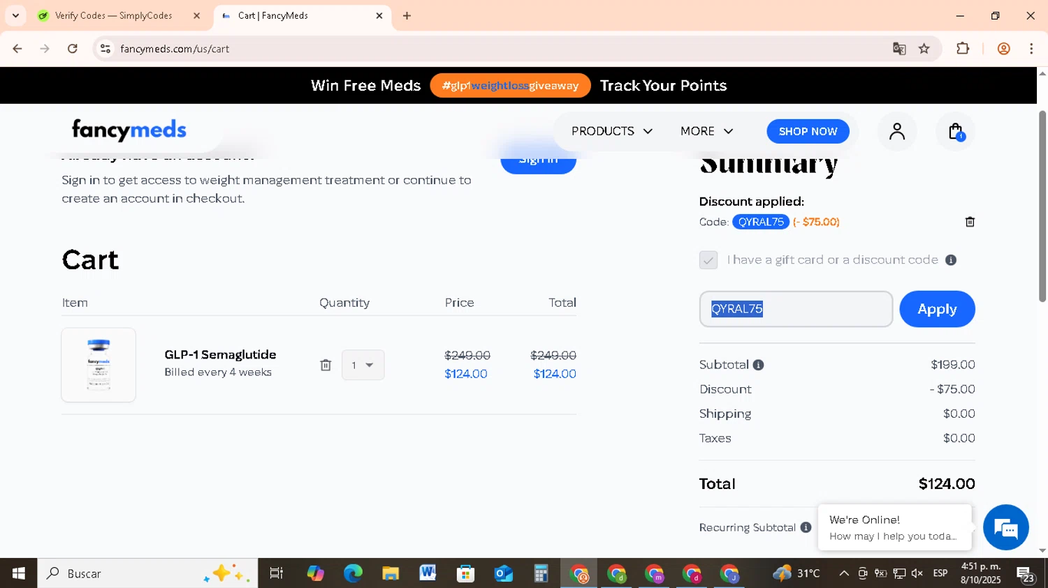 FancyMeds promo code screenshot showing code QYRAL75 applied at FancyMeds checkout page. Uploaded by SimplyCodes community member RebateCollector5909 on Oct 8, 2025
