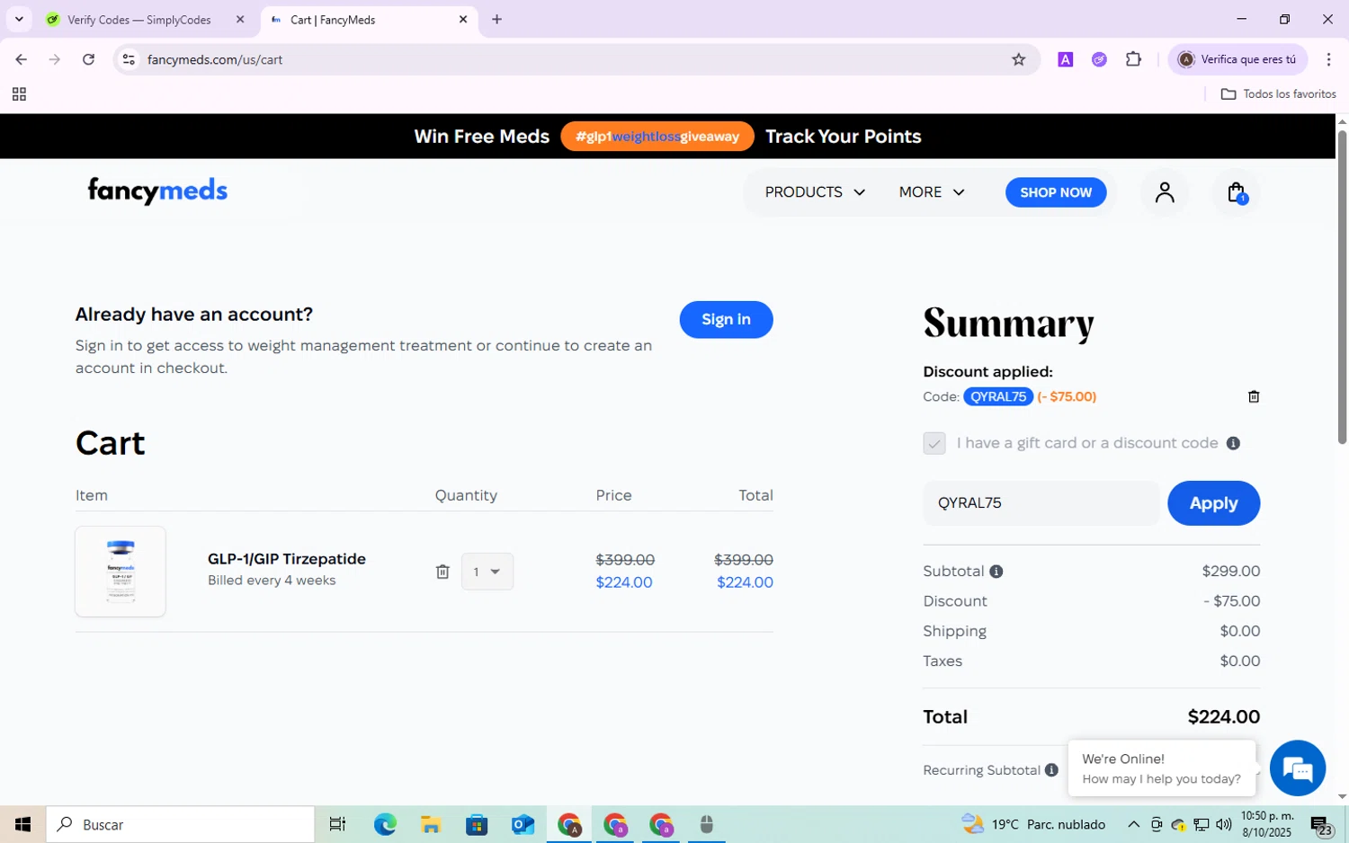 FancyMeds promo code screenshot showing code QYRAL75 applied at FancyMeds checkout page. Uploaded by SimplyCodes community member SmartShopper4328 on Oct 8, 2025