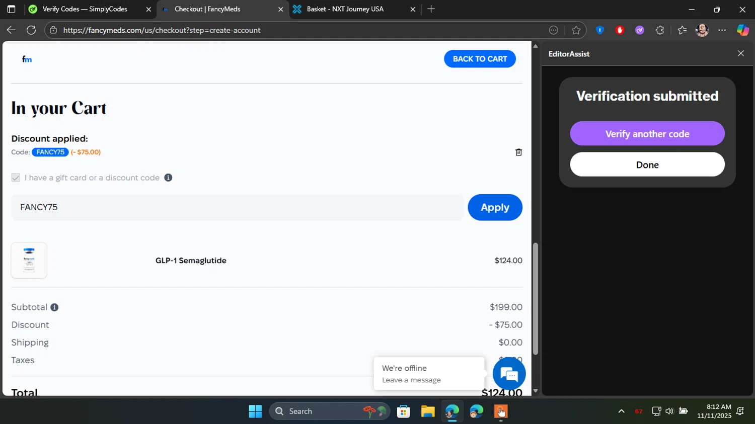 FancyMeds promo code screenshot showing code FANCY75 applied at FancyMeds checkout page. Uploaded by SimplyCodes community member Blackleg_Sanji on Nov 11, 2025