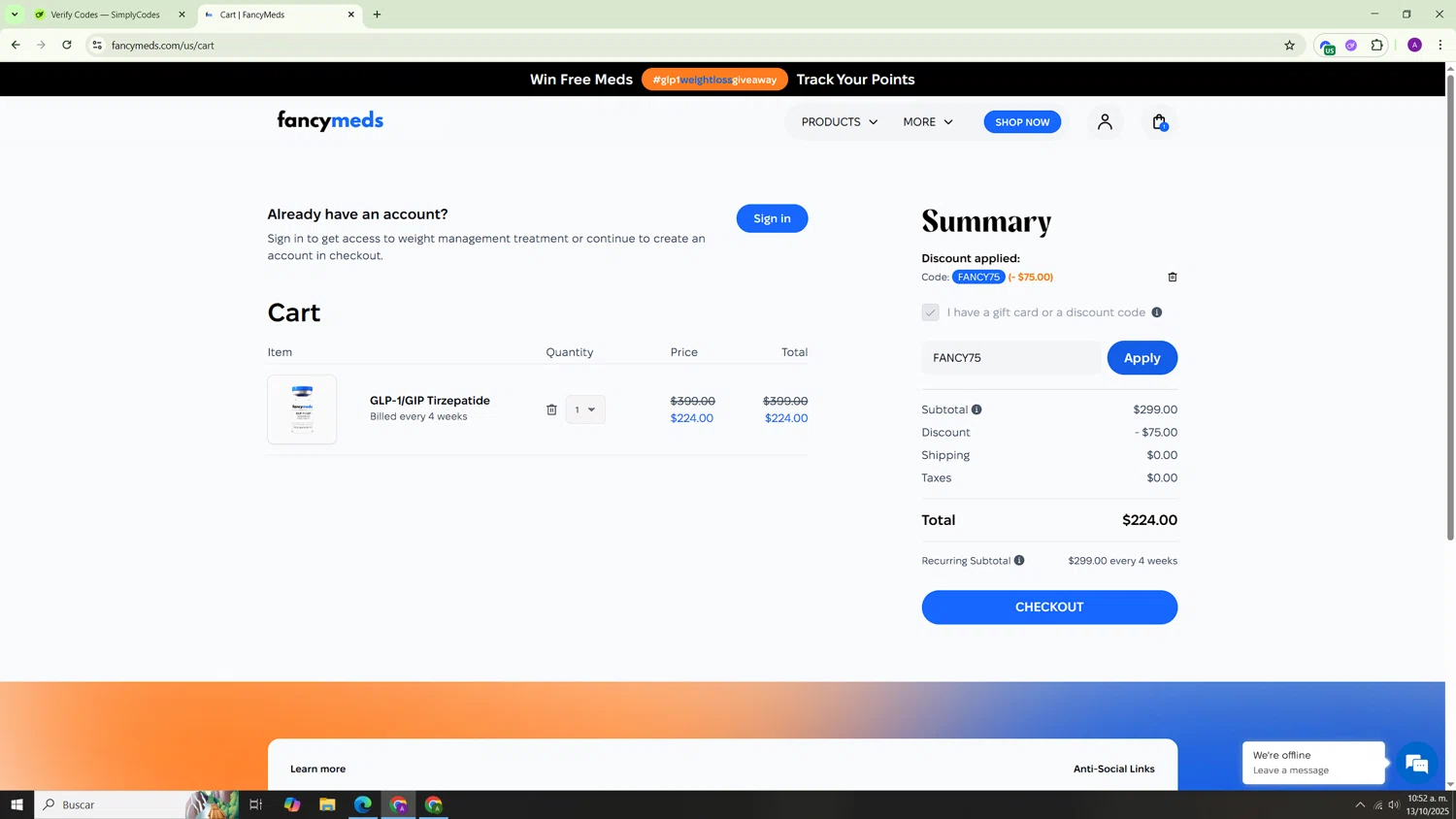 FancyMeds promo code screenshot showing code FANCY75 applied at FancyMeds checkout page. Uploaded by SimplyCodes community member Hasta_El_Final on Oct 13, 2025
