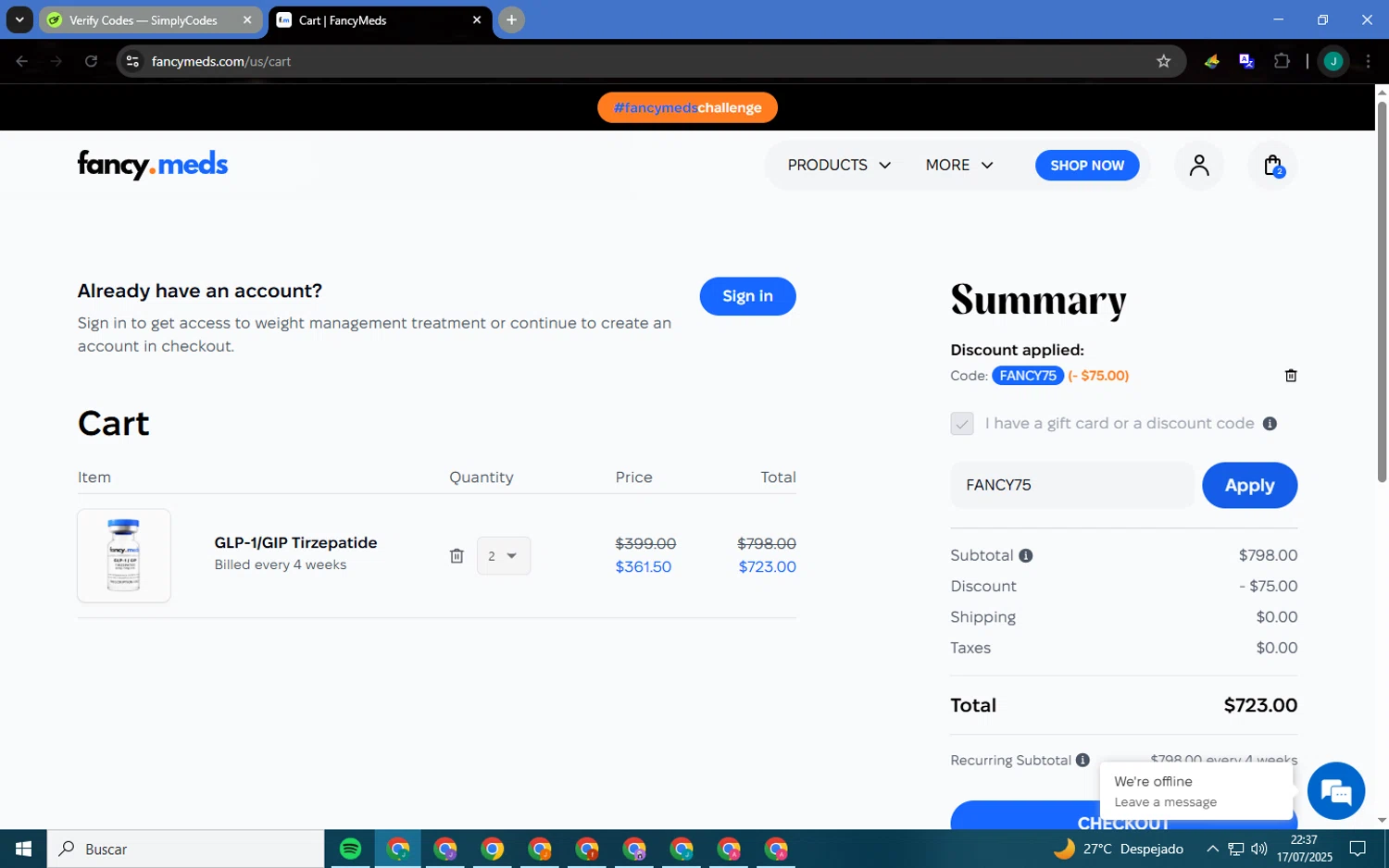 FancyMeds promo code screenshot showing code FANCY75 applied at FancyMeds checkout page. Uploaded by SimplyCodes community member MagnificentCaptain7552 on Jul 18, 2025