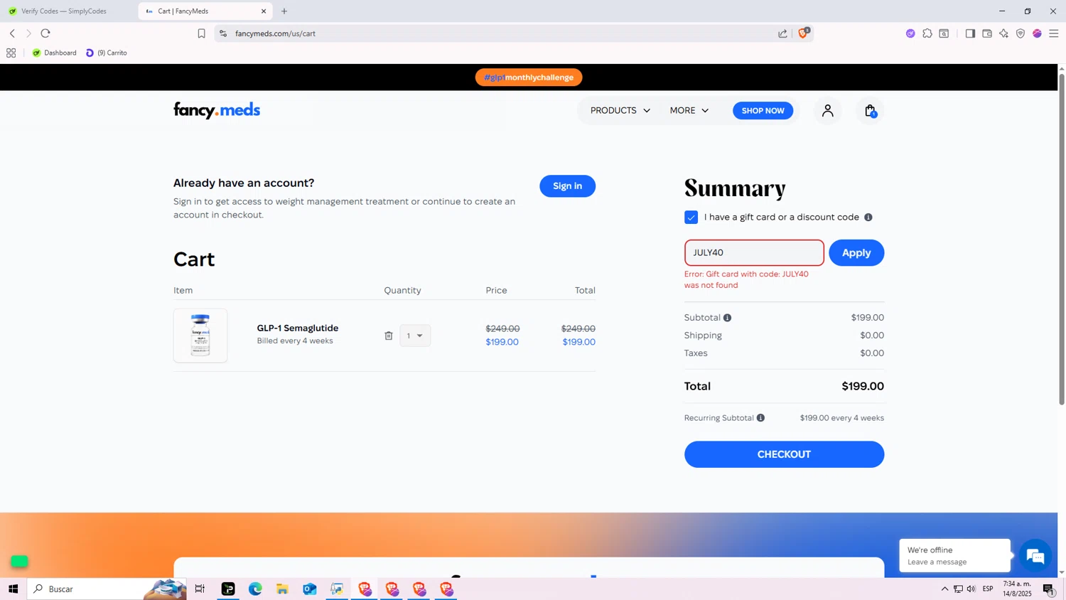FancyMeds promo code screenshot showing code JULY40 applied at FancyMeds checkout page. Uploaded by SimplyCodes community member Nezukooo on Aug 14, 2025