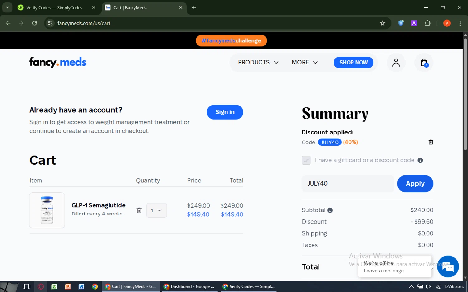 FancyMeds promo code screenshot showing code JULY40 applied at FancyMeds checkout page. Uploaded by SimplyCodes community member SavingsCaptain8190 on Jul 16, 2025