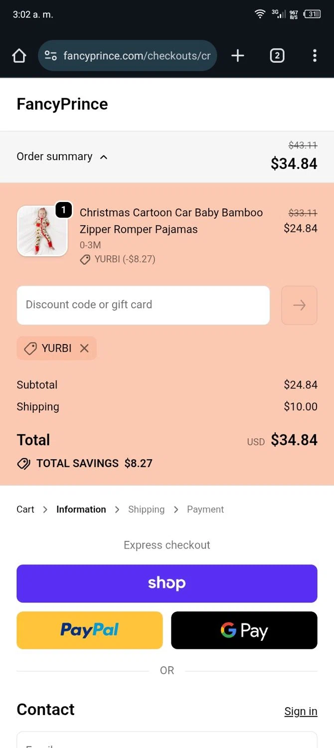 FancyPrince promo code screenshot showing code YURBI applied at FancyPrince checkout page. Uploaded by SimplyCodes community member Sasuk3 on Oct 23, 2025