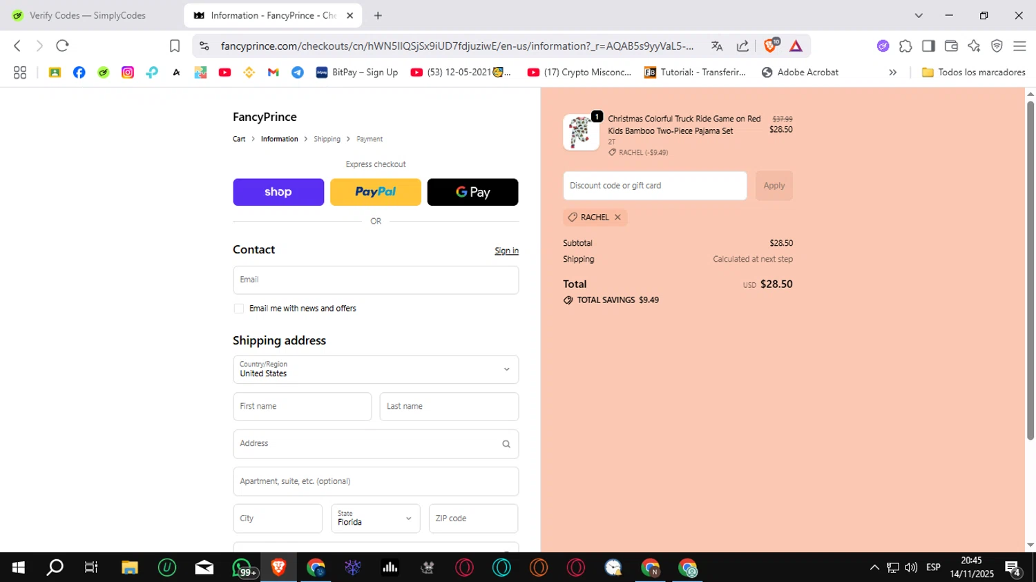 FancyPrince promo code screenshot showing code RACHEL applied at FancyPrince checkout page. Uploaded by SimplyCodes community member Sungjinwoo on Nov 15, 2025
