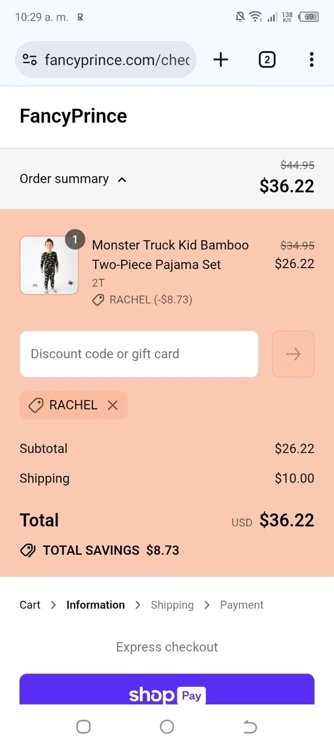 FancyPrince promo code screenshot showing code RACHEL applied at FancyPrince checkout page. Uploaded by SimplyCodes community member yeresojperez on Jul 27, 2025