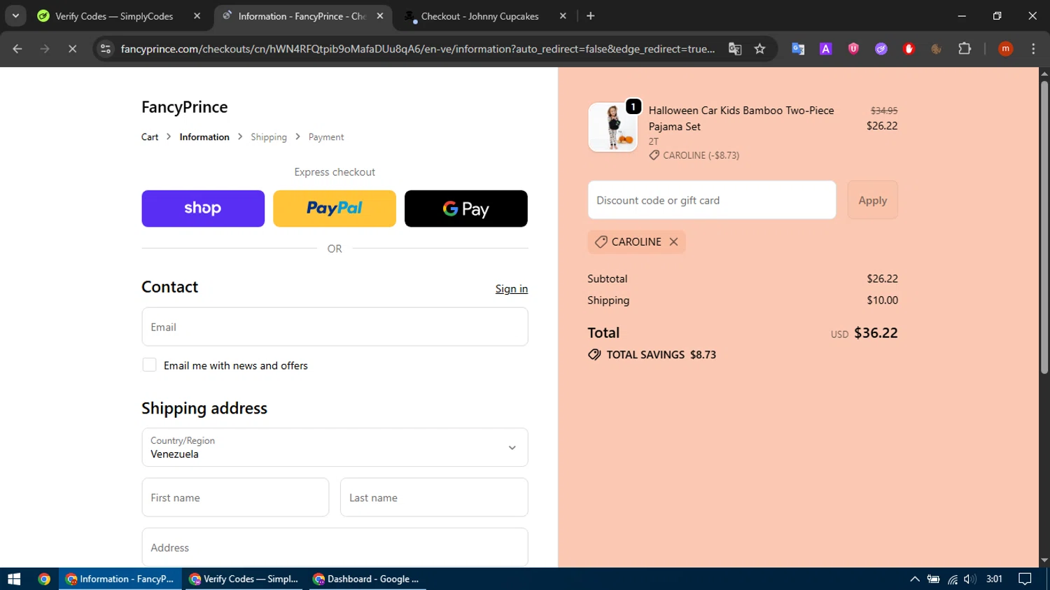 FancyPrince promo code screenshot showing code CAROLINE applied at FancyPrince checkout page. Uploaded by SimplyCodes community member SmartFalcon9323 on Oct 23, 2025