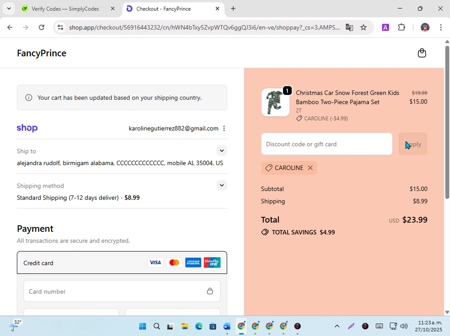 FancyPrince promo code screenshot showing code CAROLINE applied at FancyPrince checkout page. Uploaded by SimplyCodes community member karoline on Oct 27, 2025