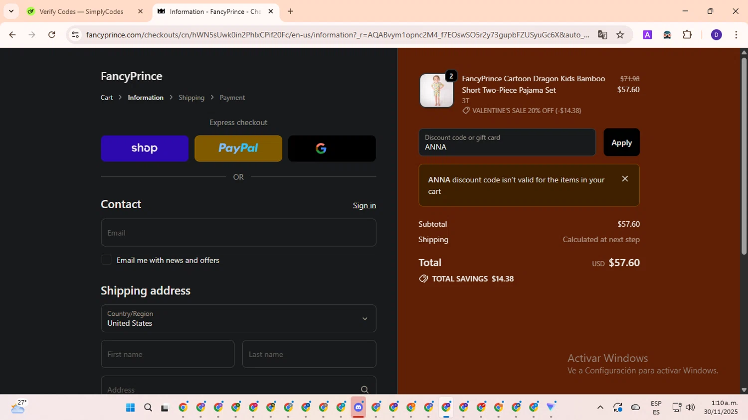 FancyPrince promo code screenshot showing code ANNA applied at FancyPrince checkout page. Uploaded by SimplyCodes community member PromoLion4240 on Nov 30, 2025