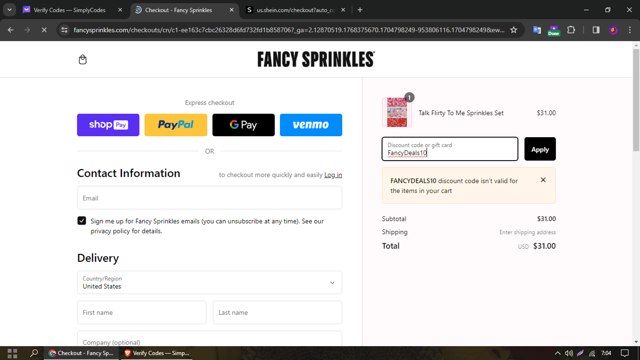 Fancy Sprinkles checkout page showing Fancy Sprinkles promo code box | Screenshot taken by SimplyCodes community member on Jan 9, 2024
