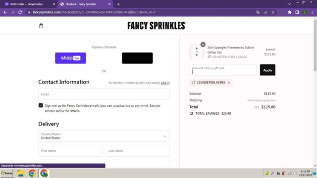 Fancy Sprinkles checkout page showing Fancy Sprinkles promo code box | Screenshot taken by SimplyCodes community member on Dec 11, 2023